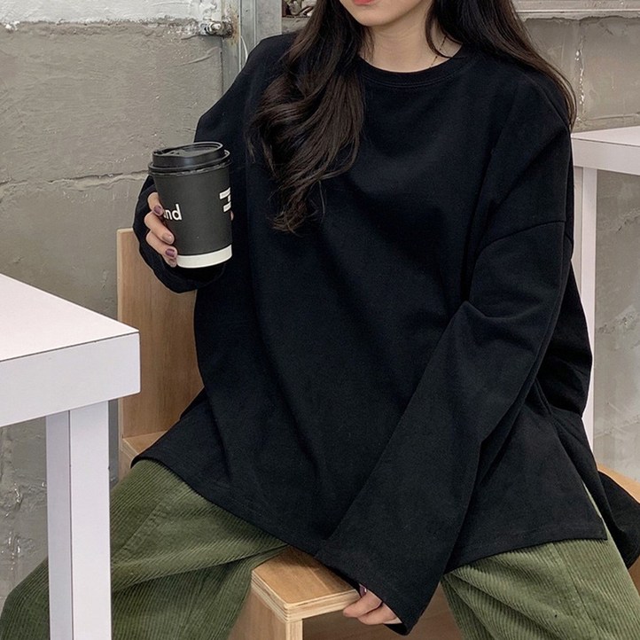 후암마켓 여자 오버핏 라운드 밑단 옆트임 기본 스판 긴팔티