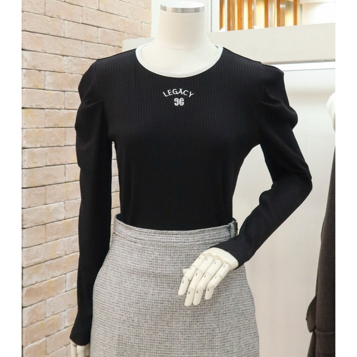 JJ JIGOTT JJ지고트 자수 배색 골지 퍼프 티셔츠 GP3A0TSJ21DG