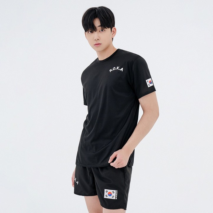 SET 국산 쿨론 로카 반팔티 검정 1P  국산 쿨스포츠 로카 반바지 검정 1P 쿨티셔츠 등산 육군 헬스 반티 운동회