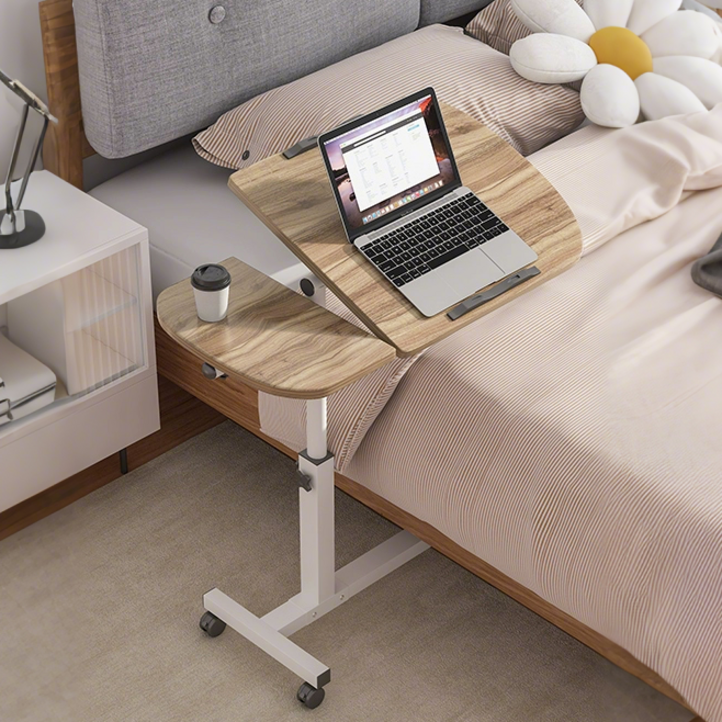 이동형 수동식 양방향 각도조절 사이드테이블 이동식 소파 쇼파 테이블 바퀴달린 높이조절 1인용 책상 튼튼한 거실 침대 보조 테이블, 우드