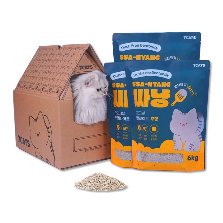 먼지없는 7CATS 싸냥 프리미엄 벤토나이트 고양이모래 무향 6kg x 3개  숨숨집 패키지, 18kg, 1세트, 무향