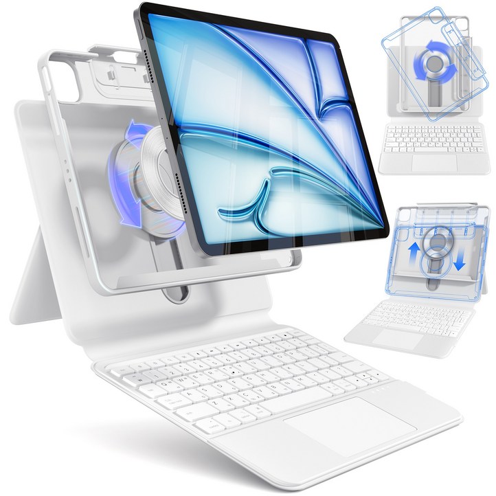 AITEWO 아이패드 매직키보드 케이스 펜슬 수납 360도회전 일체형 맥세이프 세로 가로 트랙패드 에어7654321세대 프로 1110.91312.9인치, 화이트, 에어76세대 프로43세대11 에어54세대10.9, 1개