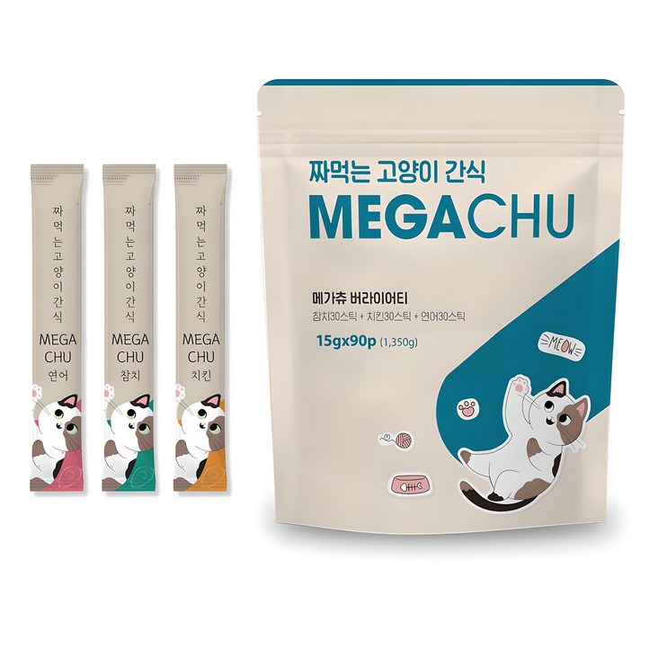 메가츄 짜먹는 츄르 고양이간식 90스틱 대용량, 연어치킨참치, 15g, 90개