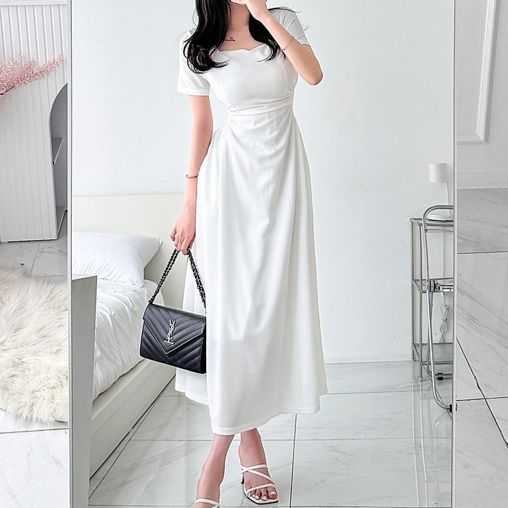 글램디브 리브닌AI1069 셔링 플레어 스퀘어넥 롱원피스 하객룩 여성원피스 여리여리