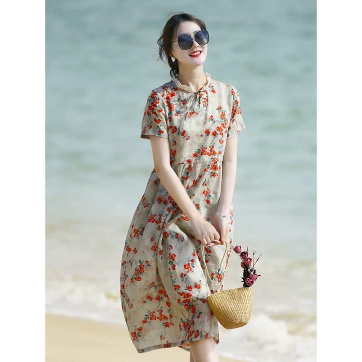 COSYEVNO 여성 여름 면마 원피스 빈티지 프랑스풍 고급스러운 프린트 플라워 롱 스커트 COSYEVNO 여성 여름 면마 원피스 빈티지 프랑스풍 고급스러운 프린트 플라워 롱 스커트