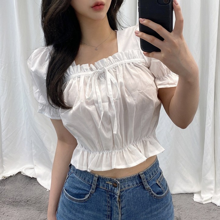 VANANA2 퍼프 소매 스퀘어넥 크롭 무지 블라우스 VANANA2 퍼프 소매 스퀘어넥 크롭 무지 블라우스