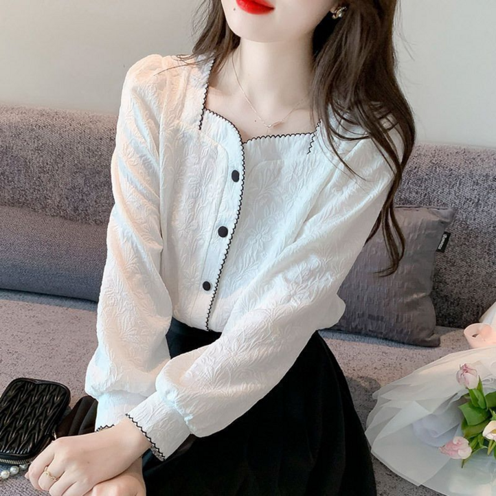SAHINER 여성 가을 패션 꽃 자수 소매 프릴 블라우스 SAHINER 여성 가을 패션 꽃 자수 소매 프릴 블라우스