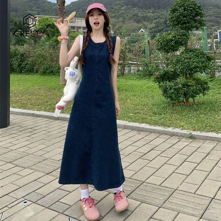 크레스티 여성용 여름 슬림핏 복고풍 데님 롱 원피스
