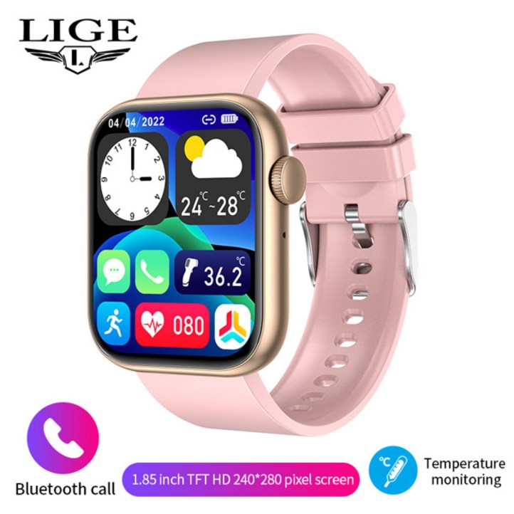 LIGE 여성 스마트 시계 1.85 풀 터치 블루투스 통화 스마트 손목 시계 체온 스포츠 팔찌 남자 Smartwatch