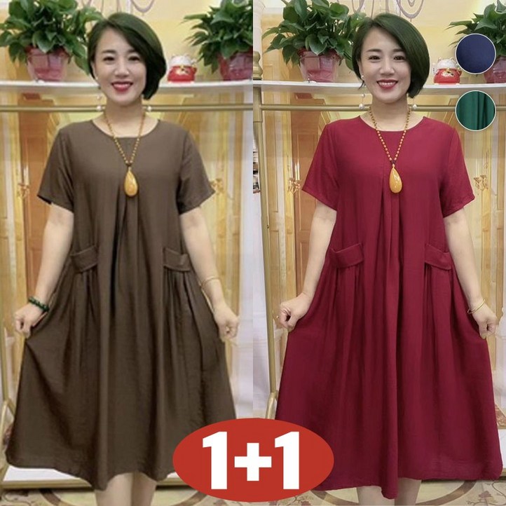 젊어 보이는 100kg까지 빅사이즈 11 여성 중년여성 라운드넥 허리꼬임 플리츠 미디 원피스 여름 편한 심플 단아한 모던 루즈핏 박스 날씬해보이는 주머니있는 엄마 원피스