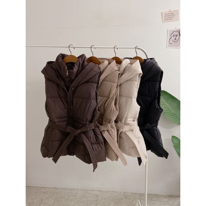 허니제이   벨트세트  마드엔 이중 후드 하이넥 퀼팅 패딩 조끼4color