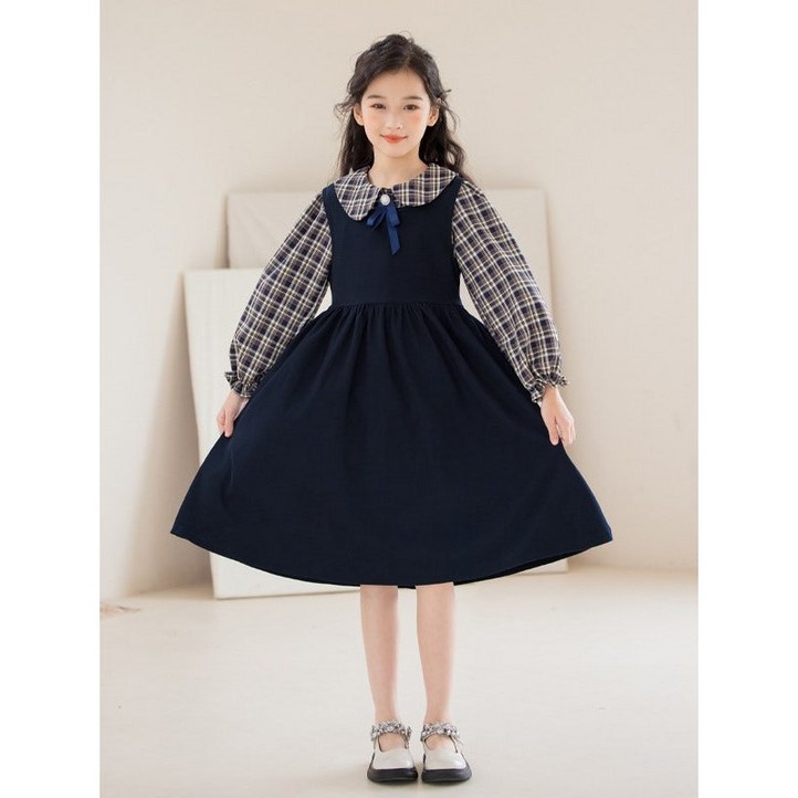 해피델리 주니어 러브송 리본체크 카라BL  원피스 세트 체크블라우스원피스 클래식 긴팔 플레어 셔츠원피스룩