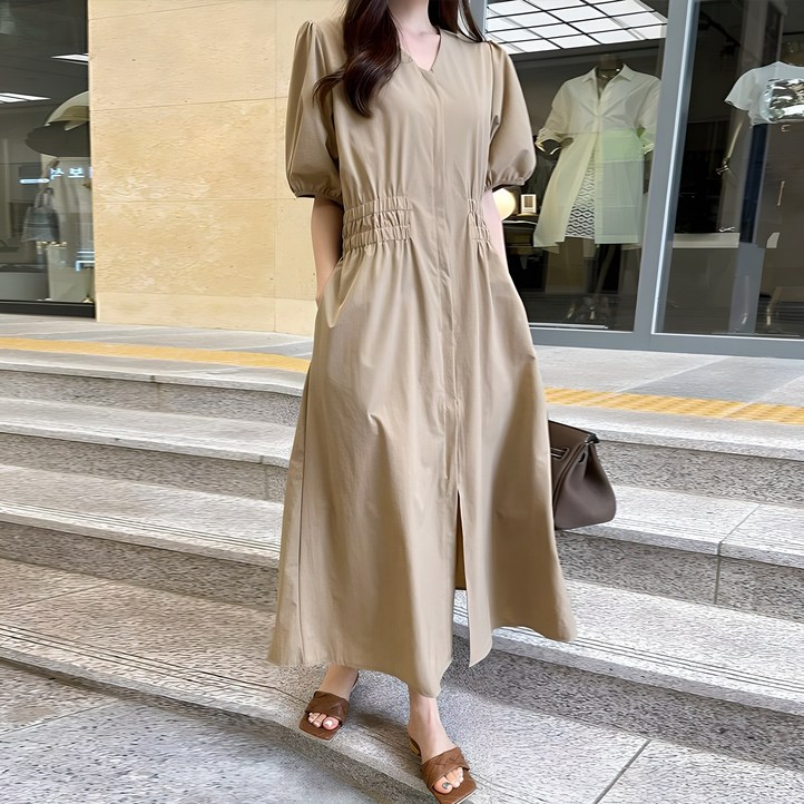 마이시즌 여성 슈리온 투밴딩 브이넥 원피스