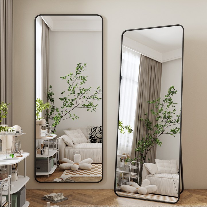 뷰티피크 3in1 스탠드 벽걸이 거치형 강화 안전 유리 전신거울 라운드형, 블랙