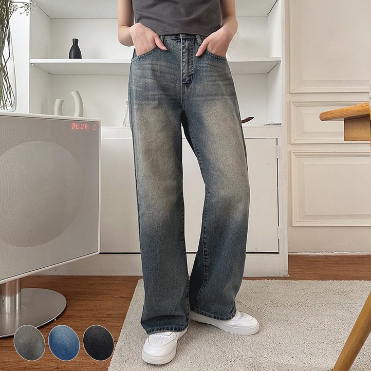 오버나인 여성용 숏미들롱 3XL 3단기장 반밴딩 와이드 청바지