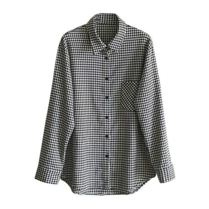 swygsqql 봄 가을 긴팔 셔츠 클래식한 디자인의 여성용 캐주얼 스타일 혼방 원단 하운드투스 패턴 셔츠