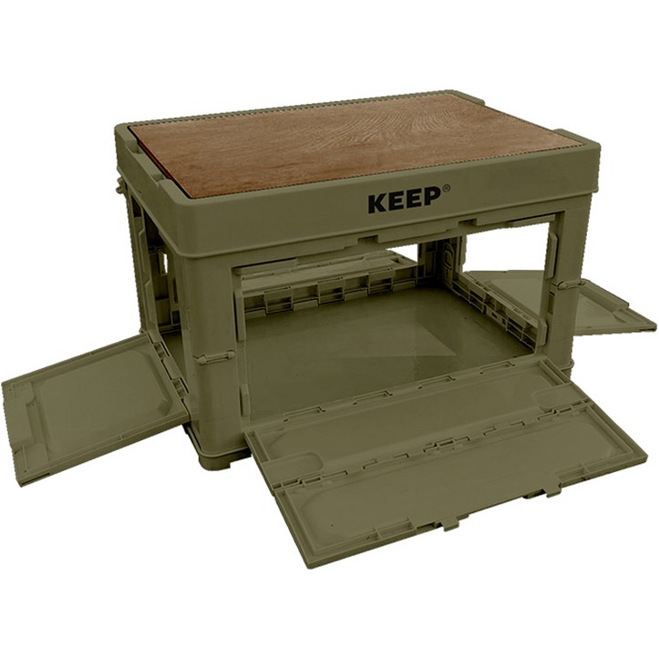 KEEP 캠핑 다용도 4면 멀티 오픈형 폴딩 박스 60L + 우드 상판 세트, 1세트, 카키