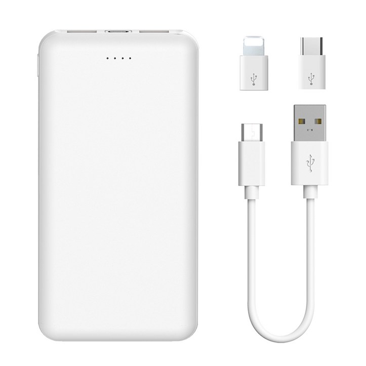 DZEROQ 디제로큐 슬림핏 듀얼 보조배터리 10000mAh  5핀케이블  C타입젠더  8핀젠더 세트, 화이트