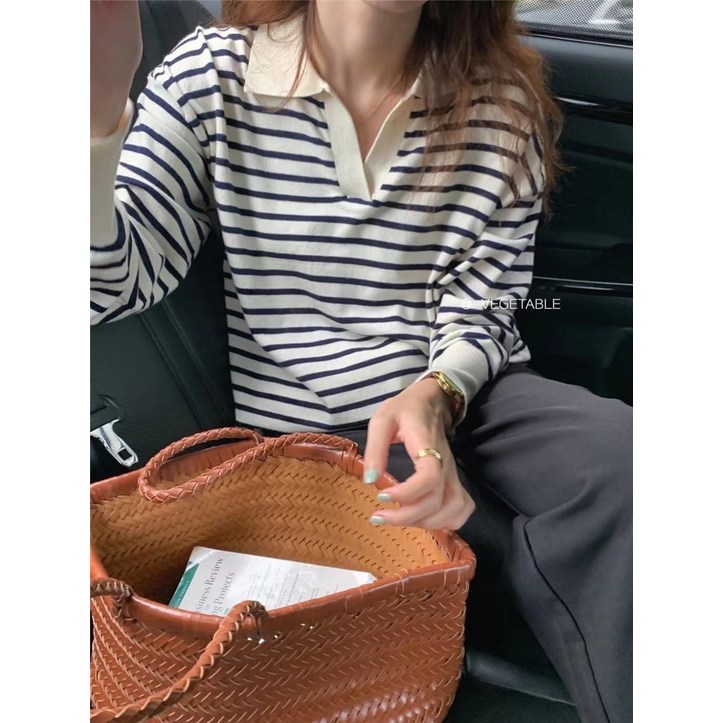브이넥긴팔니트 VEGETABLE 키치한 줄무늬 풀오버 후드 여성 가을 클래식 티셔츠 와이드 루즈핏 2648103057