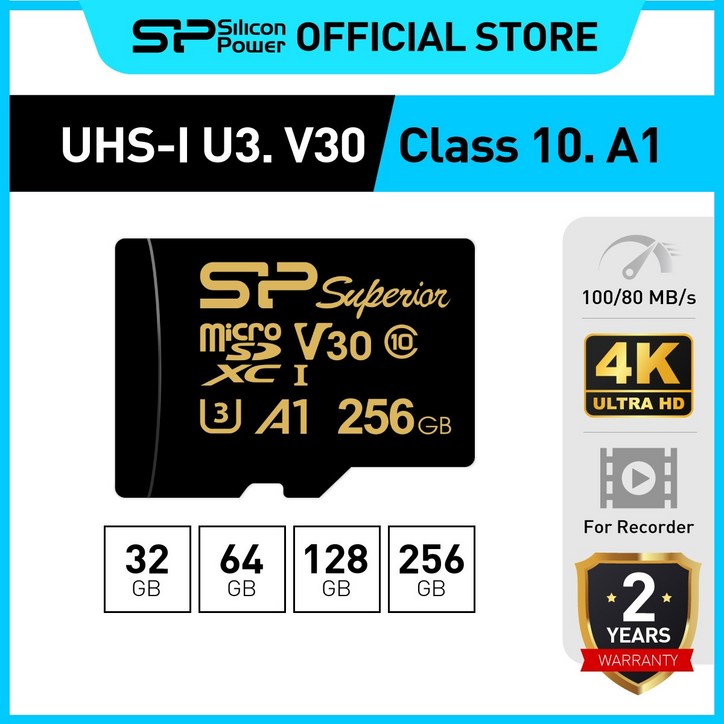 실리콘파워 골든 시리즈 SD카드 어댑터 포함Class 10 U3 V30 A1 32GB64GB128GB256GB, 64GB