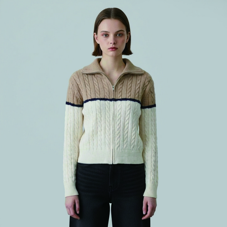 올리브데올리브 여성용 배색 꽈배기 집업 니트 가디건