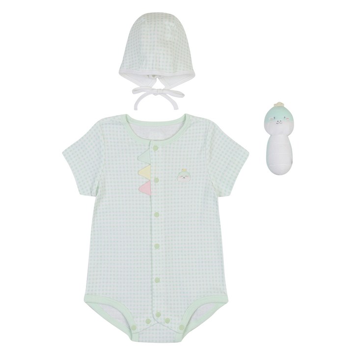 압소바 푸롱이 반팔 바디수트 + 모자 + 딸랑이 세트