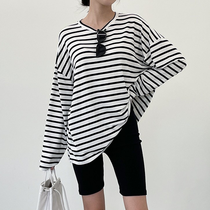 투데이앤룩 여성용 스트라이프 박스핏 레이온 긴팔 티셔츠