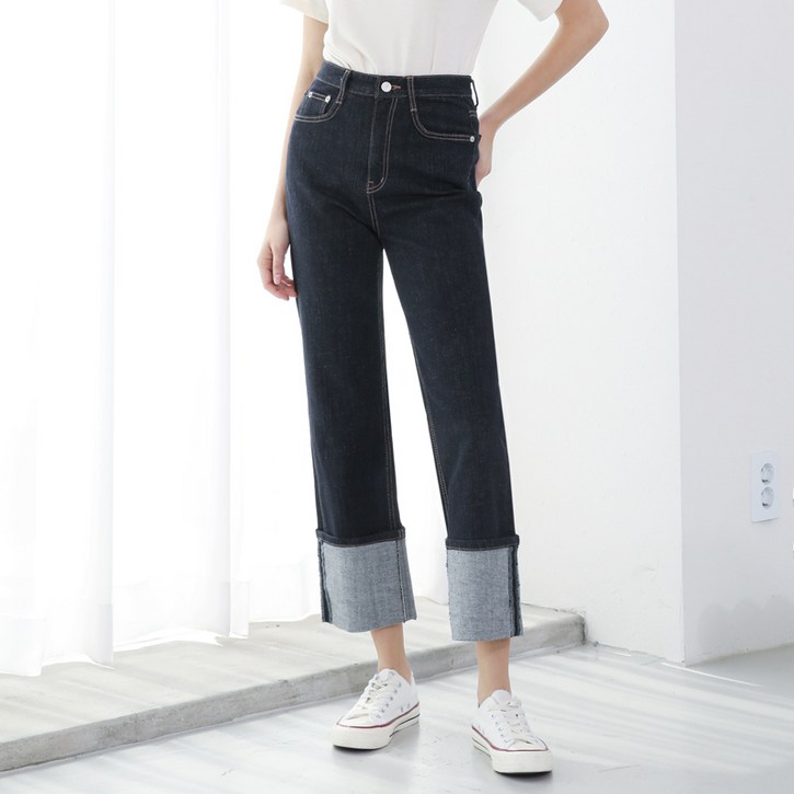 와르 여성용 생지 롤업 일자핏 데님 팬츠 와르 여성용 생지 롤업 일자핏 데님 팬츠