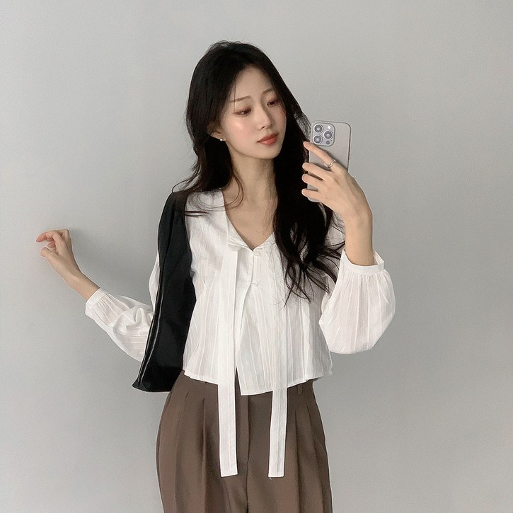 플랜데이 여성용 데일리 니케 크롭 타이 버튼 블라우스