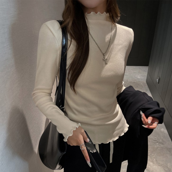 디멜디 여성용 캐주얼 프릴 하이넥 긴팔티셔츠