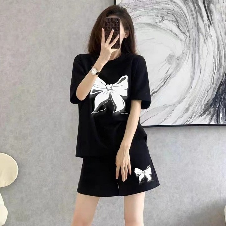 Asure 여름 여성 트레이닝 세트 반팔티+반바지 패션 프린트 솔리드 투피스