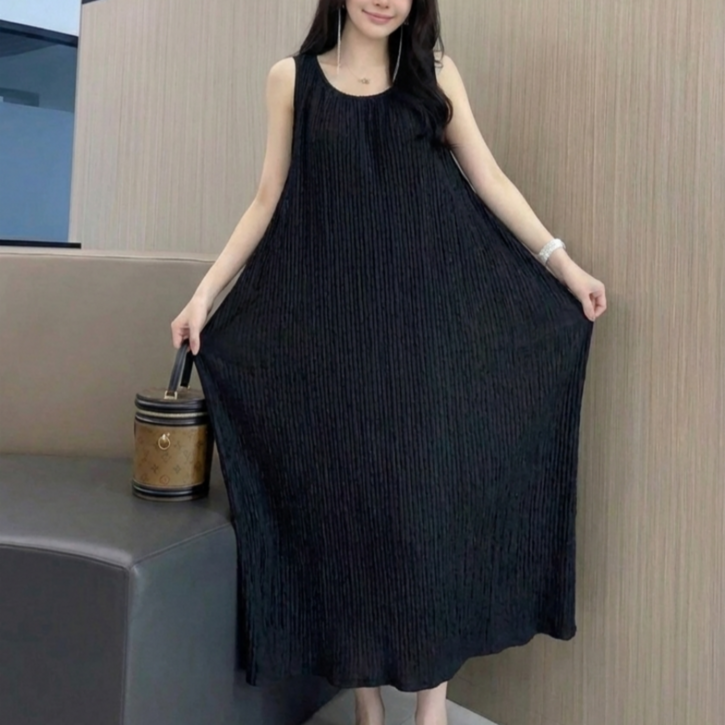 쁘띠엘라 발목기장 플리츠 빅사이즈 롱 원피스 주름 민소매 뷔스티에 나시