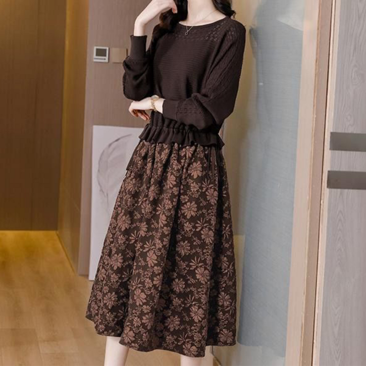 VVRR 여성 라운드넥 니트와 플라워 프린트 조합의 우아한 원피스 B0090912 B