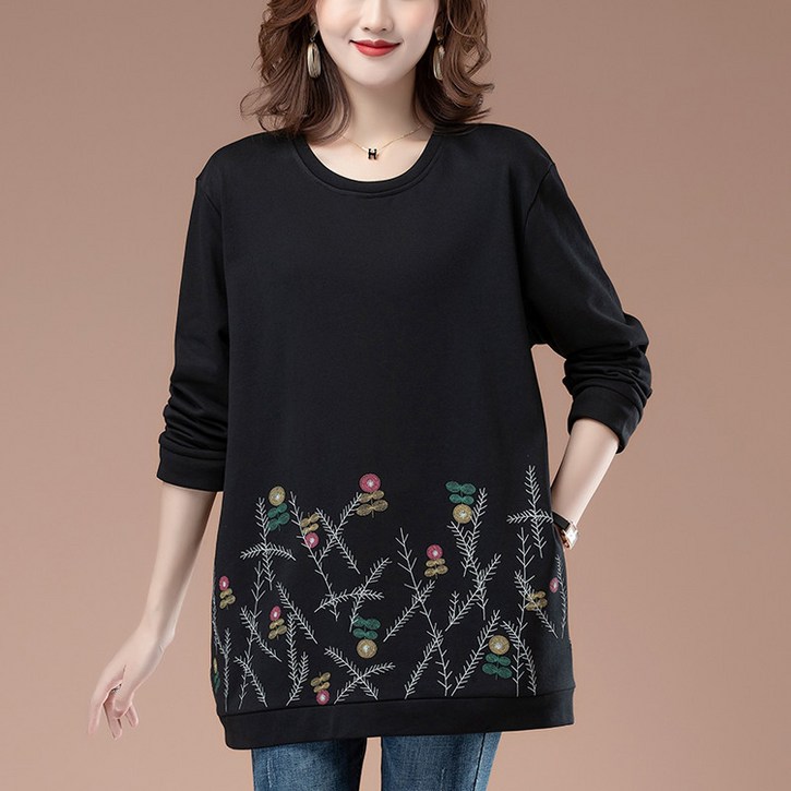 타임퓨어 예쁜 여성 빅사이즈 프린팅 맨투맨 긴팔티 오버핏 데일리 라운드 맨투맨 엄마옷 가을상의