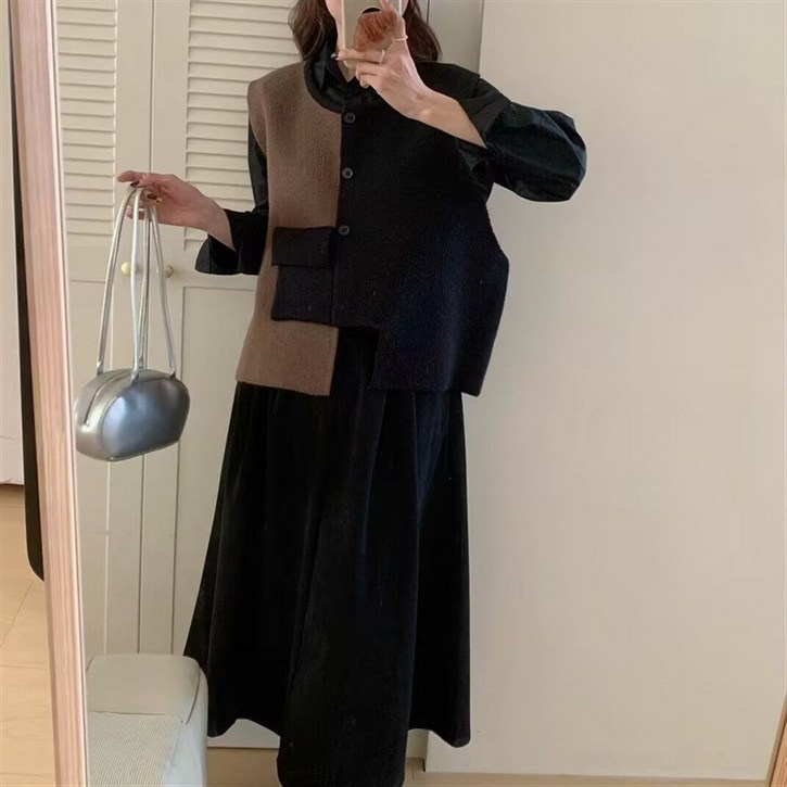 POMTOR 여성 춘추 니트 조끼 패치워크 트렌디