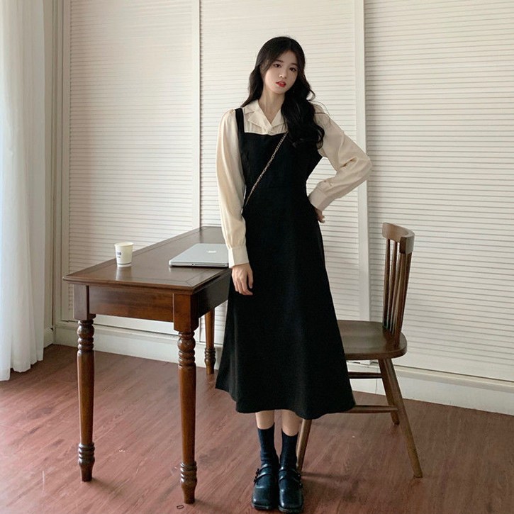 COSYEVNO 봄가을 여성 롱 원피스 페이크 투피스 허리를 여미어 날씬해 보이는