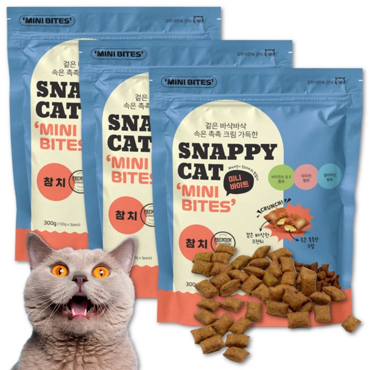 스내피캣 크런치 고양이 스낵 간식 미니바이트 대용량, 3개, 300g, 참치