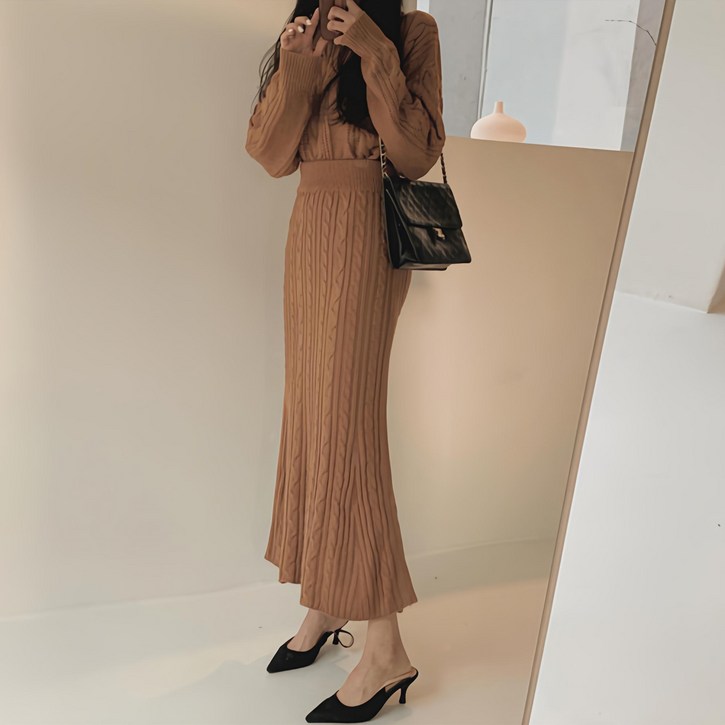 시연 가을 겨울 여성 솔리드 스웨터 니트 스커트 투피스 원피스 롱치마 세트