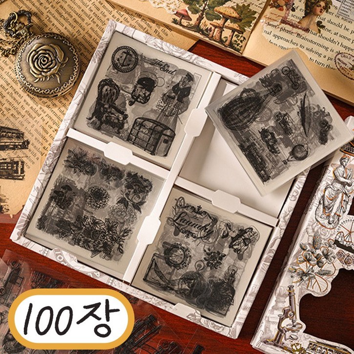 100장 대용량 빈티지 스티커, 블랙모먼츠