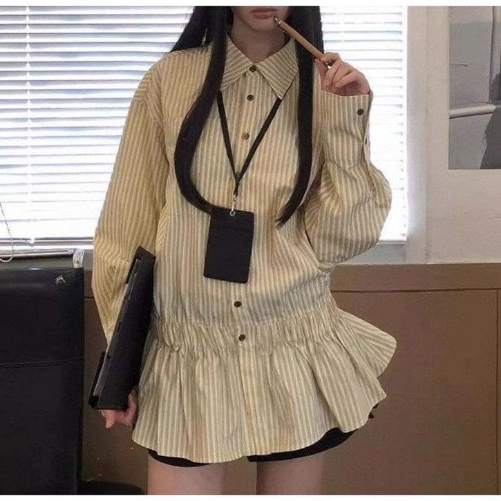 Asure 여성 스트라이프셔츠 밴딩 프릴 남방셔츠 꾸안꾸