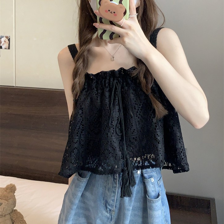 여름 여성 나시티 레이스 캐미솔 민소매 탑 블라우스 니트 플로럴 라운드넥 루즈핏 YLP