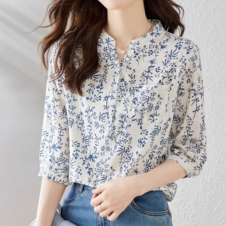 페이퍼먼츠 잔무늬 리프 헨리넥 7부 블라우스 10988