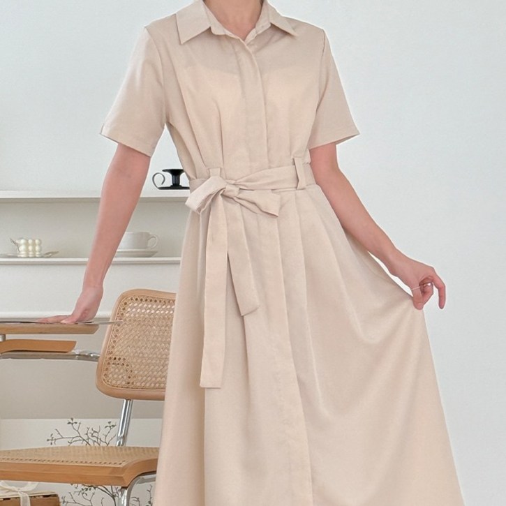 자넷 카라 허리 핀턱 셔츠 롱원피스 (2color)