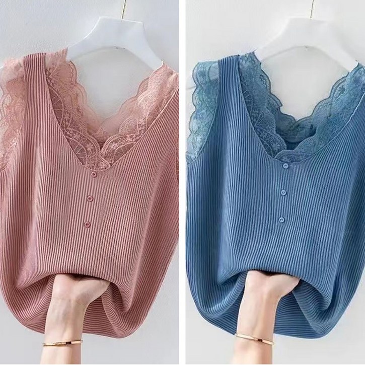 ROYALBELLE 1+1 (2종세트) 여성 브이넥 민소매 나시 외출용 루즈핏 골지 빅사이즈 레이스 티 U0060427