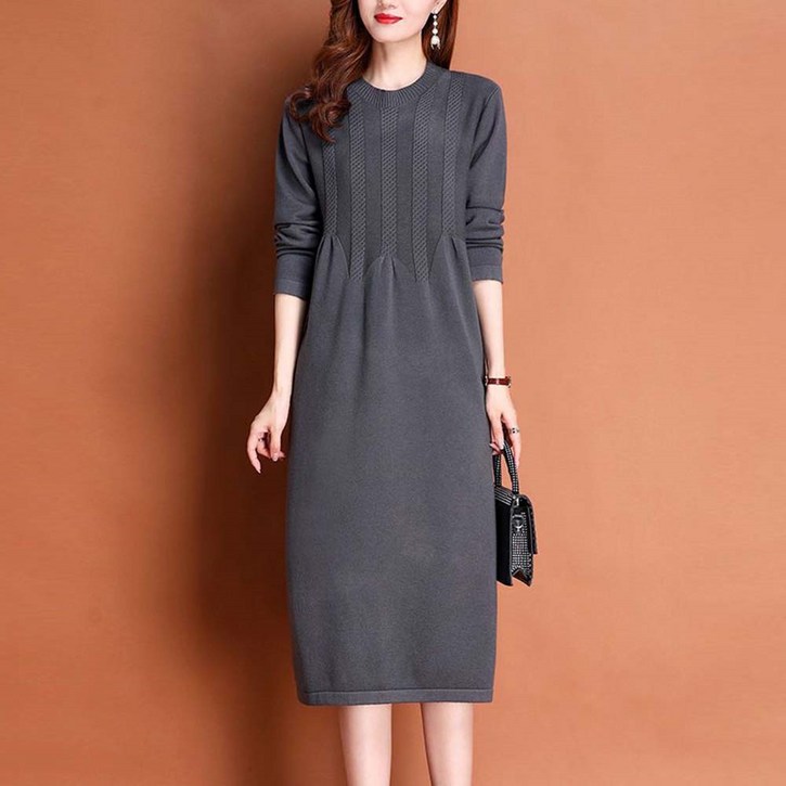 besteffie 여성 패션 가을 겨울 긴팔 니트 원피스 고급스러운 디자인 오피스룩 캐주얼 데일리 라운드넥 원피스 V55