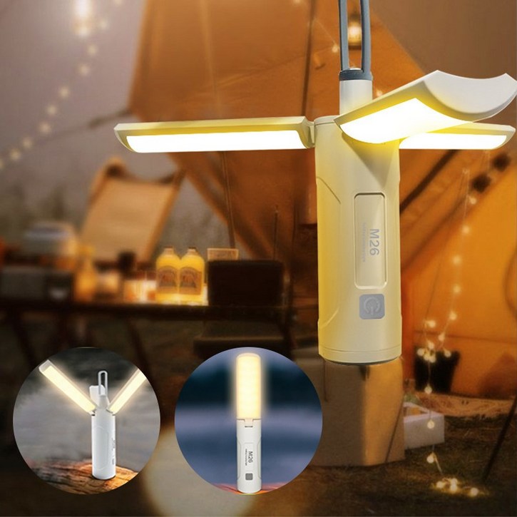 Fowod 옥외 캠핑조명 LED 충전식 방수휴 대용 접이식 램프 다용도 후레쉬 작업등, 흰색, 1개