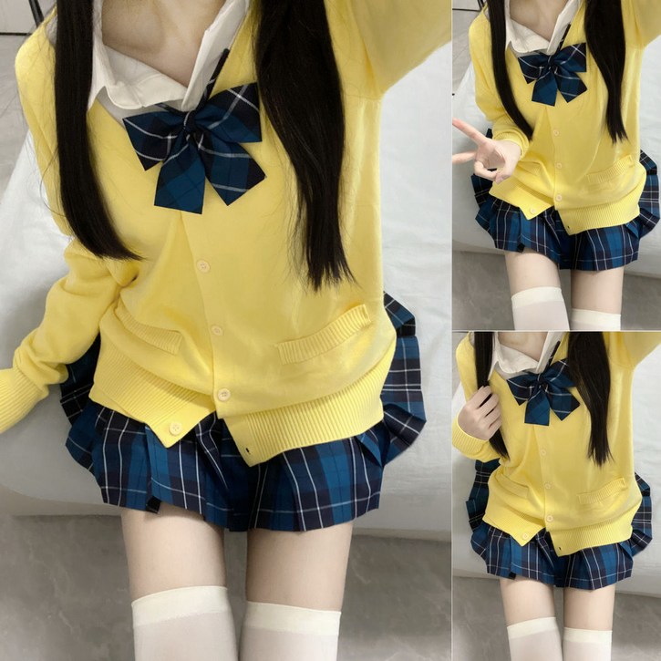 빛나는 판다일본 시스템 jk 유니폼 대학 스타일 겨울 세트 v 칼라가 있는 카디건 스웨터 재킷