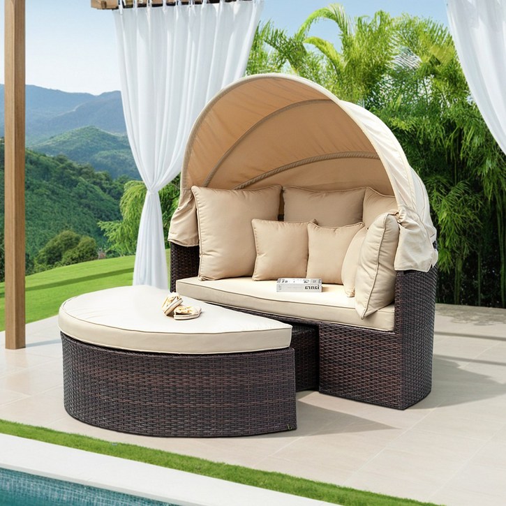 카르만 데이 베드 소파 야외 카페 라탄 원 침대 쇼파 원형 비치 정원 라탄 루프탑 옥상 전원주택 펜션, 다크 브라운