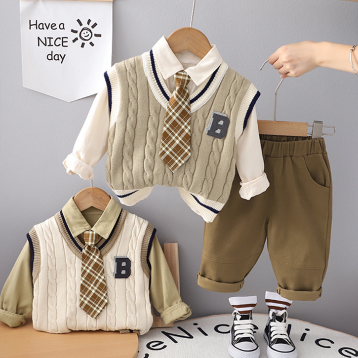 해피델리  캐주얼 코디4종세트봄 가을 상하복 데일리 등원룩 나들이룩  편한한 베이지 고무줄바지 꾸안꾸 조끼 넥타