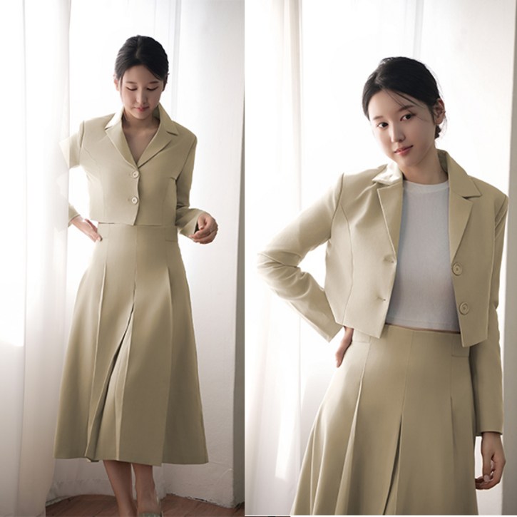 비비디아 여성용 봄 가을 정장 투버튼 크롭 자켓 세트 롱원피스 하객룩 오피스룩 5550